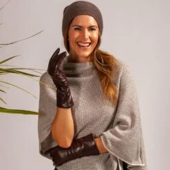 Ladies Chocolate Brown Cashmere Lined Leather Gloves -Elegant Scarf Store batch 3 brown cashmere lined gloves model 20
