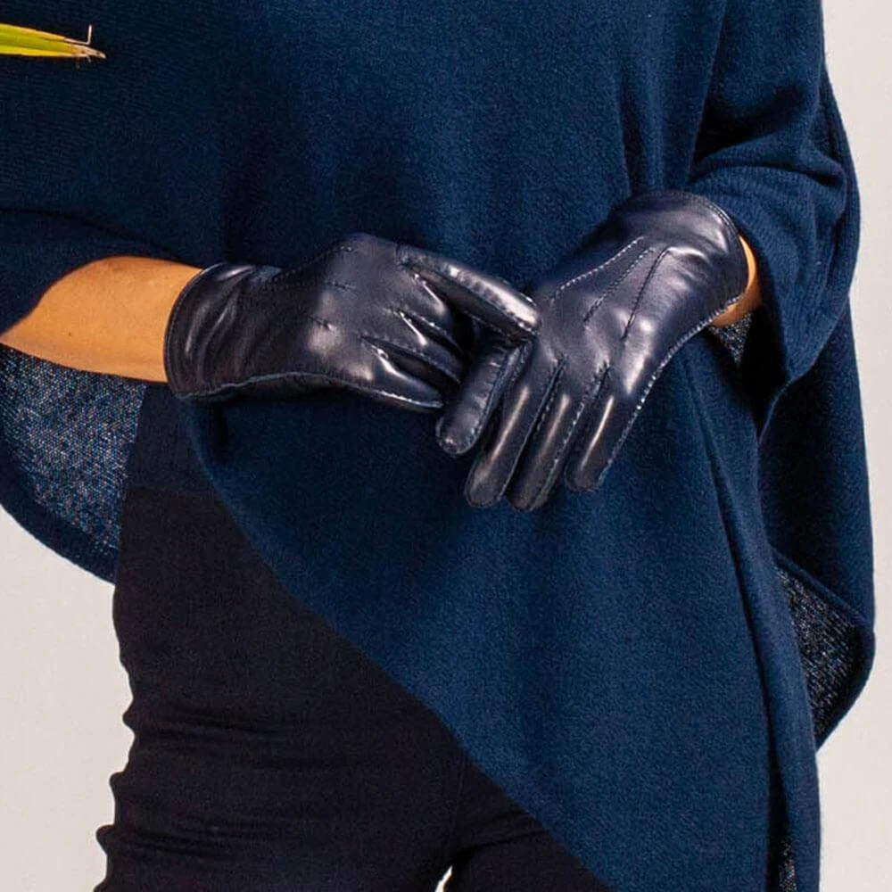 Ladies Navy Hand Stitched Cashmere Lined Leather Gloves 7 Ladies Navy Hand Stitched Cashmere Lined Leather Gloves - Image 5