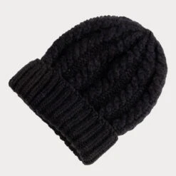 Sable Black Plaited Italian Cashmere Beanie -Elegant Scarf Store black cable knit cashmere beanie 3