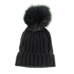 Black Cashmere Fur Pom Pom Hat -Elegant Scarf Store black cashmere fur pom pom beanie 2 L