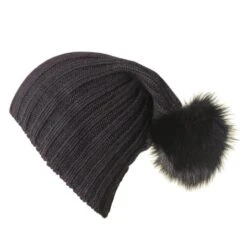 Black Cashmere Fur Pom Pom Hat -Elegant Scarf Store black cashmere fur pom pom beanie 4 L