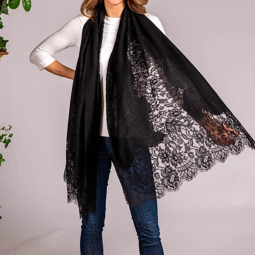 Black Cashmere And Chantilly Lace Shawl 7 Black Cashmere And Chantilly Lace Shawl - Image 5