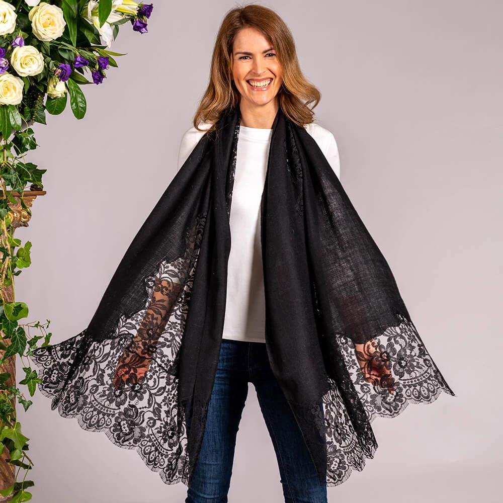 Black Cashmere And Chantilly Lace Shawl 4 Black Cashmere And Chantilly Lace Shawl - Image 2