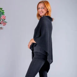 Classic Black Knitted Cashmere Poncho -Elegant Scarf Store black cashmere poncho 2