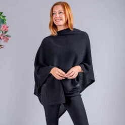 Classic Black Knitted Cashmere Poncho -Elegant Scarf Store black cashmere poncho 3