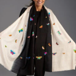 Hand Embroidered Pashmina Shawl - Butterflies -Elegant Scarf Store black cream embroidered cashmere shawl 1 2fb50d54 c05f 4478 bfff 3729aa590084