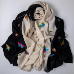 Hand Embroidered Pashmina Shawl - Butterflies -Elegant Scarf Store black cream embroidered cashmere shawl 6
