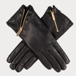 Ladies Black Rabbit Fur Lined Gloves With Zip