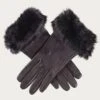 Ladies' Black Leather Gloves With Rabbit Fur Cuff -Elegant Scarf Store black leather gloves fur cuff