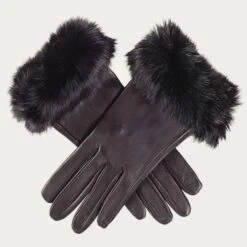 Ladies' Black Leather Gloves With Rabbit Fur Cuff