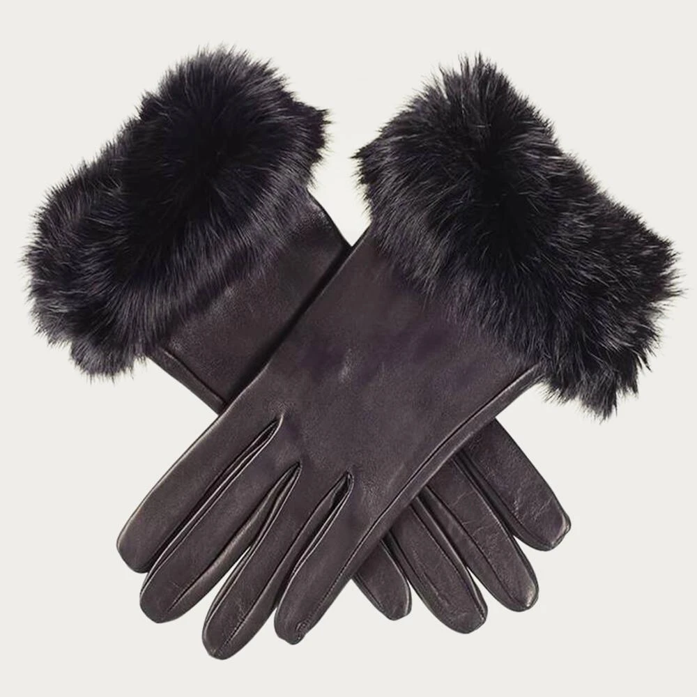 Ladies' Black Leather Gloves With Rabbit Fur Cuff 3 Ladies' Black Leather Gloves With Rabbit Fur Cuff