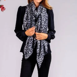 Black Leopard Print Cashmere And Silk Scarf -Elegant Scarf Store black leopard cashmere silk scarf 1