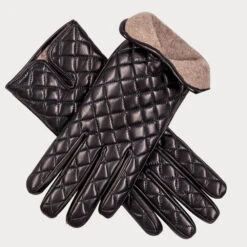 Cashmere Slouch Beanie & Quilted Leather Gloves Set -Elegant Scarf Store black quilted cashmere lined leather gloves 3 1