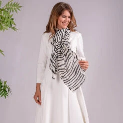 Black And White Zebra Print Cashmere And Silk Wrap -Elegant Scarf Store black white zebra print cashmere scarf 3