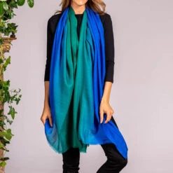 Emerald To Sapphire Cashmere And Silk Wrap -Elegant Scarf Store blue green cashmere silk scarf 1