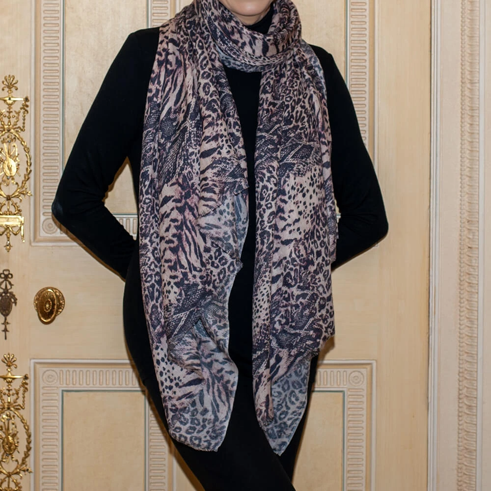 PRE ORDER: Wild Fusion Brown Animal Print Cashmere And Silk Wrap 4 PRE ORDER: Wild Fusion Brown Animal Print Cashmere And Silk Wrap - Image 2