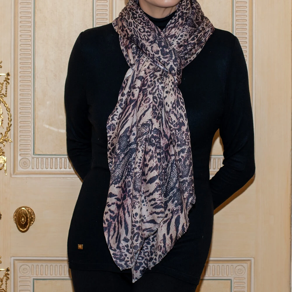 PRE ORDER: Wild Fusion Brown Animal Print Cashmere And Silk Wrap 5 PRE ORDER: Wild Fusion Brown Animal Print Cashmere And Silk Wrap - Image 3
