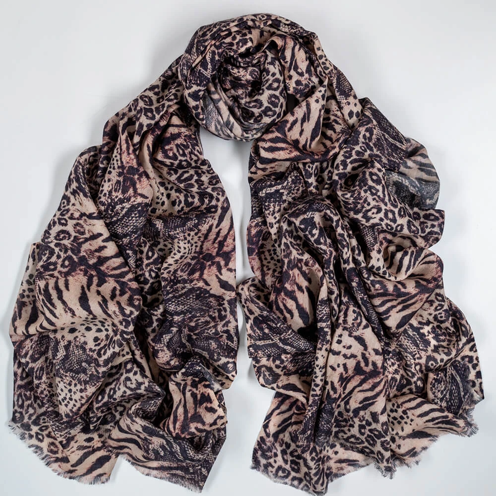 PRE ORDER: Wild Fusion Brown Animal Print Cashmere And Silk Wrap 6 PRE ORDER: Wild Fusion Brown Animal Print Cashmere And Silk Wrap - Image 4