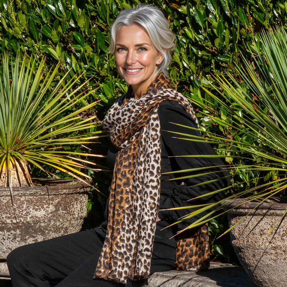 Brown Leopard Print Cashmere And Silk Scarf 6 Brown Leopard Print Cashmere And Silk Scarf - Image 4