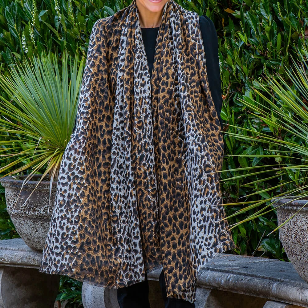 Brown Leopard Print Cashmere And Silk Scarf 12 Brown Leopard Print Cashmere And Silk Scarf - Image 10