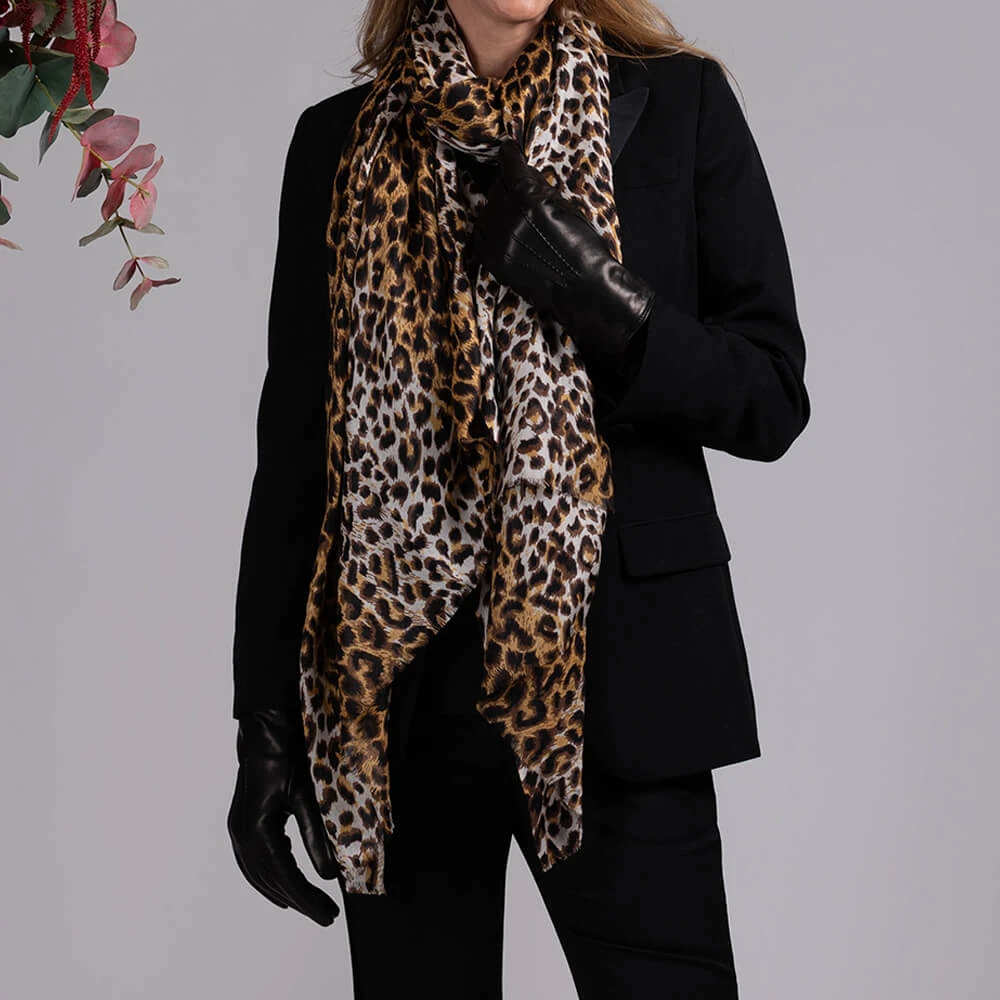 Leopard Print Cashmere & Silk Wrap & Fur Lined Leather Gloves 3 Leopard Print Cashmere & Silk Wrap & Fur Lined Leather Gloves