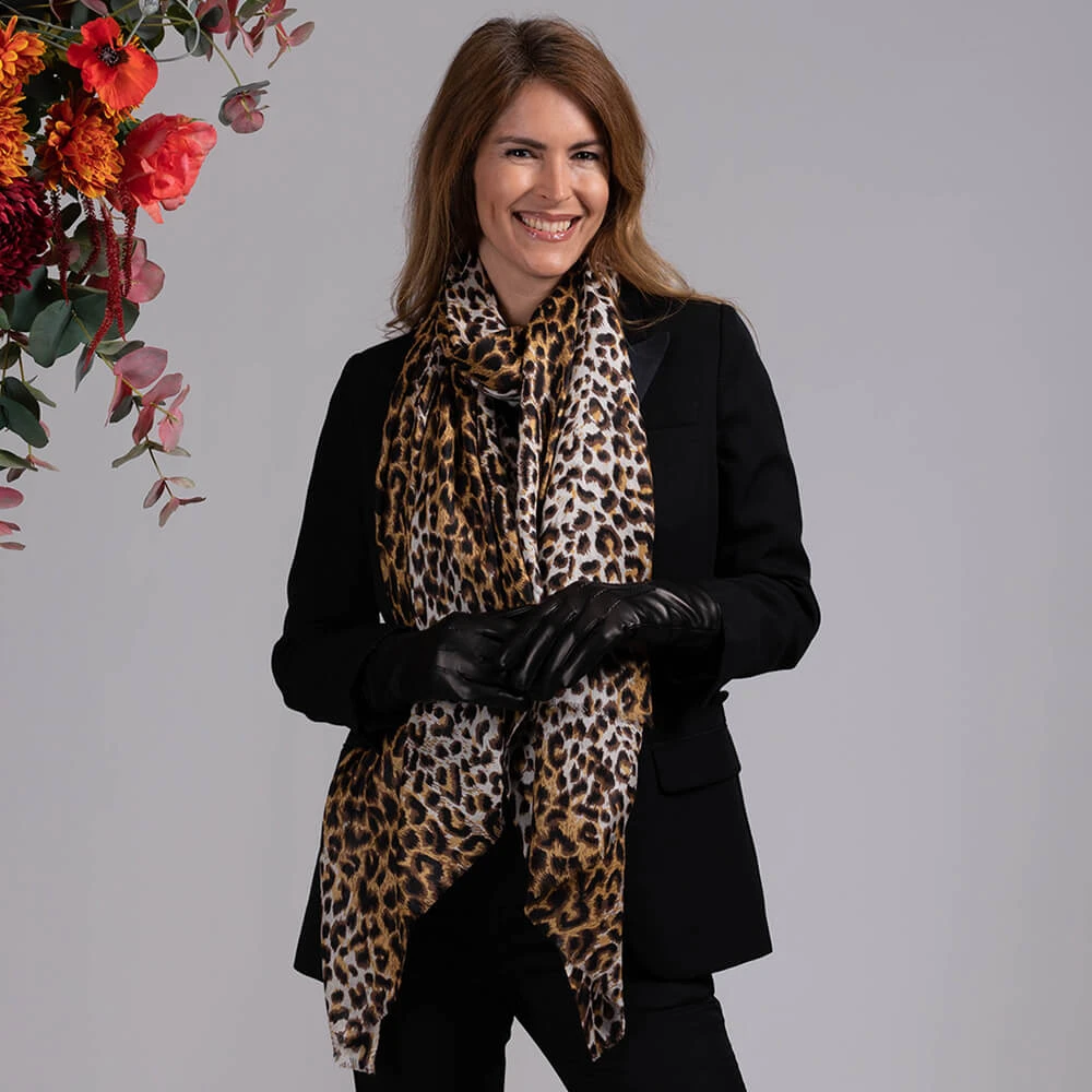 Leopard Print Cashmere & Silk Wrap & Fur Lined Leather Gloves 4 Leopard Print Cashmere & Silk Wrap & Fur Lined Leather Gloves - Image 2