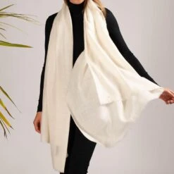 Classic Ivory Cashmere Shawl -Elegant Scarf Store cream cashmere shawl model 2