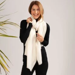 Classic Ivory Cashmere Shawl -Elegant Scarf Store cream cashmere shawl model 3