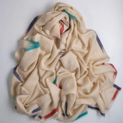 Ikat Edged Cream Pashmina Cashmere Shawl -Elegant Scarf Store cream ikat cashmere shawl 6