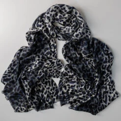 Midnight Navy Leopard Print Cashmere And Silk Scarf -Elegant Scarf Store dark navy leopard print cashmere scarf 1