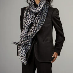 Midnight Navy Leopard Print Cashmere And Silk Scarf -Elegant Scarf Store dark navy leopard print cashmere scarf 5