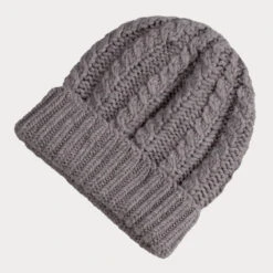 Dove Grey Plaited Italian Cashmere Beanie -Elegant Scarf Store grey cable knit cashmere beanie 3