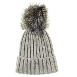 Grey Cashmere Fur Pom Pom Hat -Elegant Scarf Store grey cashmere beanie fur pom pom 2 L