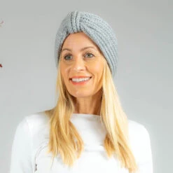 Dove Grey Rib Knit Cashmere Ear Warmer -Elegant Scarf Store grey cashmere headband 1
