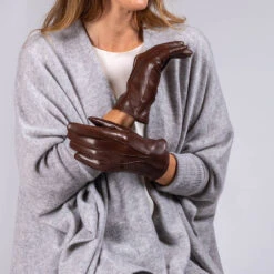 Ladies Brown Hand Stitched Cashmere Lined Leather Gloves -Elegant Scarf Store handstitched leather gloves brown