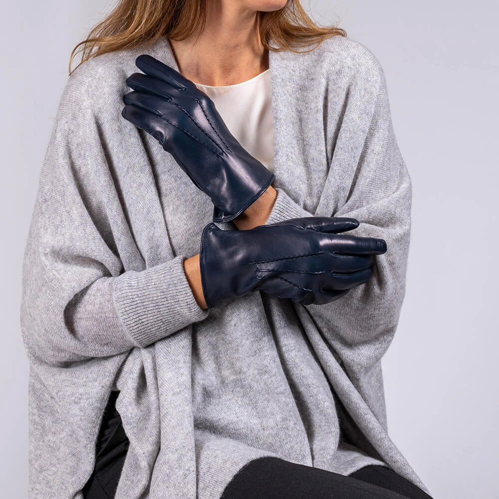 Ladies Navy Hand Stitched Cashmere Lined Leather Gloves 4 Ladies Navy Hand Stitched Cashmere Lined Leather Gloves - Image 2