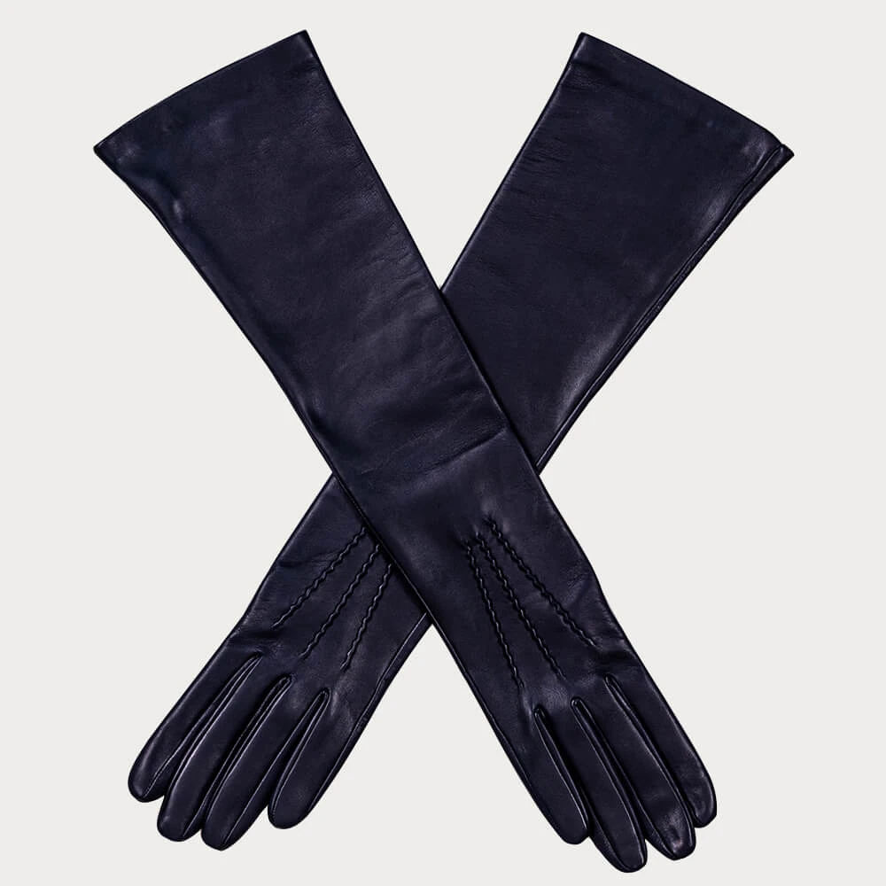 Long Navy Blue Silk Lined Leather Gloves 3 Long Navy Blue Silk Lined Leather Gloves
