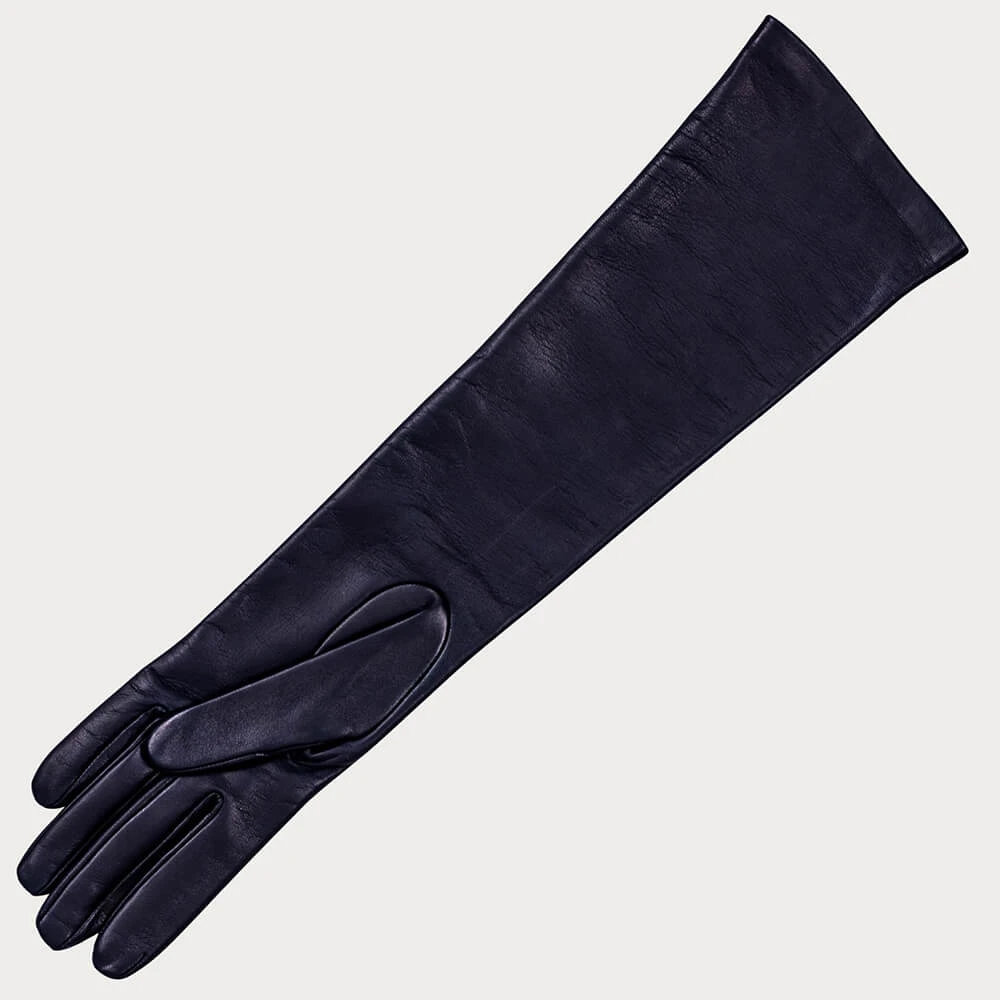 Long Navy Blue Silk Lined Leather Gloves 4 Long Navy Blue Silk Lined Leather Gloves - Image 2