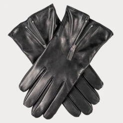 Black Leather Gloves With Zip Detail - Cashmere Lined