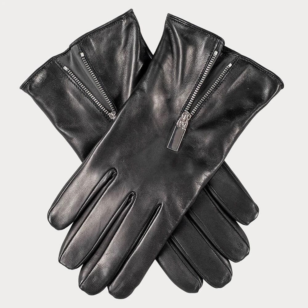 Black Leather Gloves With Zip Detail - Cashmere Lined 3 Black Leather Gloves With Zip Detail - Cashmere Lined