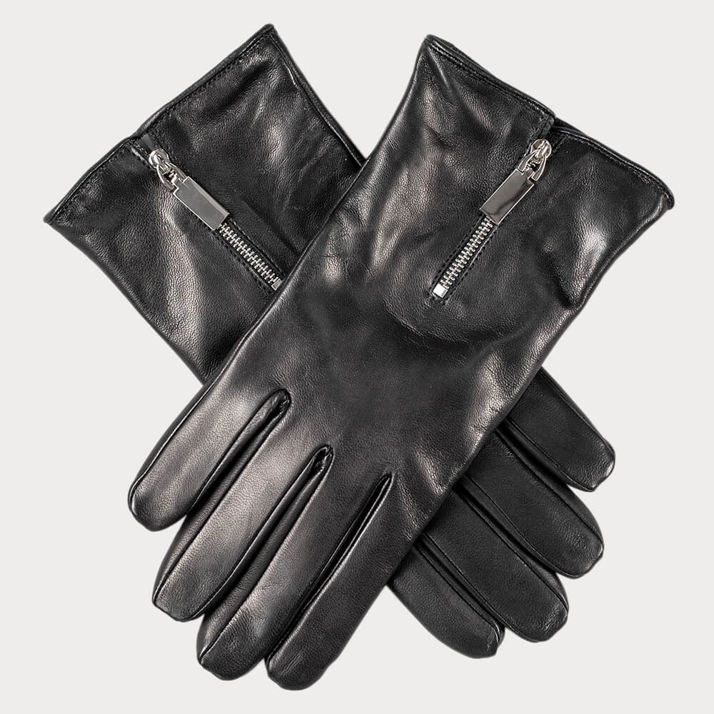 Black Leather Gloves With Zip Detail - Cashmere Lined 4 Black Leather Gloves With Zip Detail - Cashmere Lined - Image 2