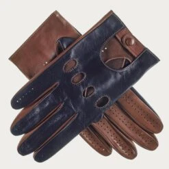 Elegant Scarf Store 20 Navy And Tobacco Italian Leather Driving Gloves
