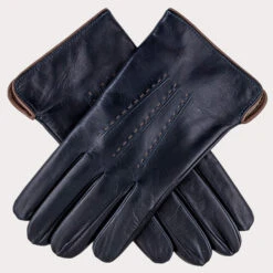 Men's Navy And Tan Cashmere Lined Leather Gloves