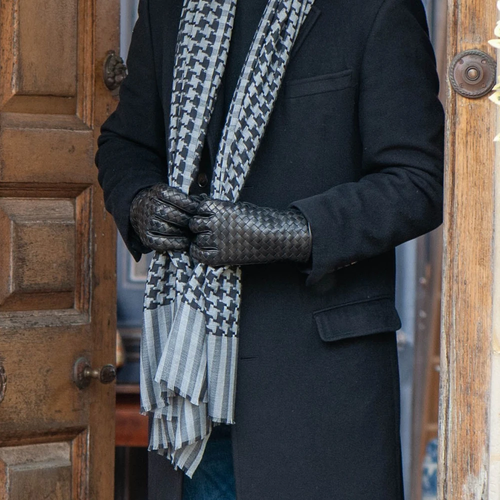 Men's Black Woven Leather Gloves 4 Men's Black Woven Leather Gloves - Image 2