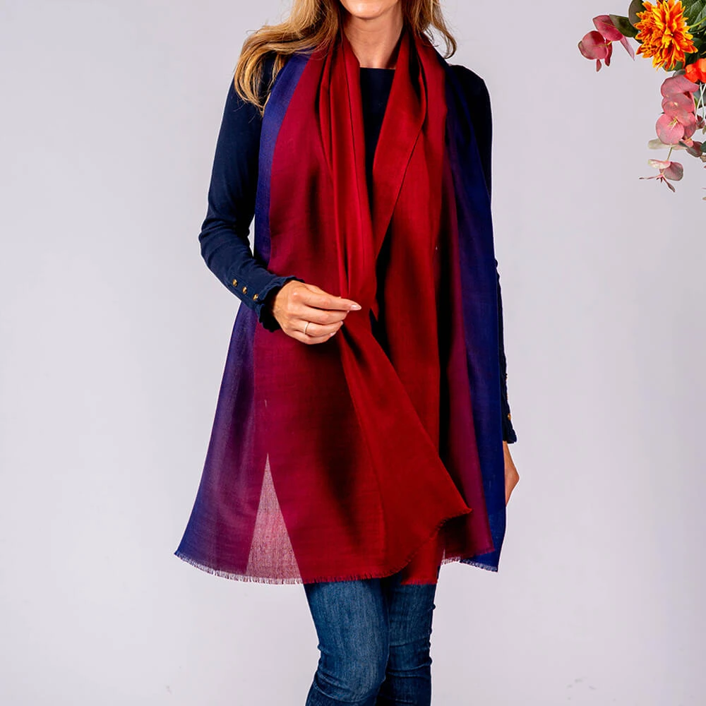 Navy To Burgundy Shaded Cashmere And Silk Wrap 5 Navy To Burgundy Shaded Cashmere And Silk Wrap - Image 3