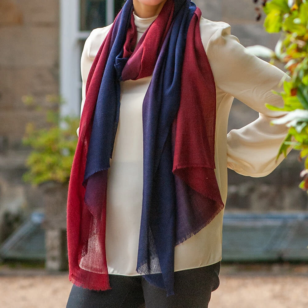 Navy To Burgundy Shaded Cashmere And Silk Wrap 6 Navy To Burgundy Shaded Cashmere And Silk Wrap - Image 4