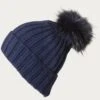 Navy Cashmere And Fur Pom Pom Hat -Elegant Scarf Store navy cashmere fur bobble hat