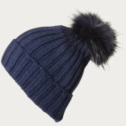 Navy Cashmere And Fur Pom Pom Hat