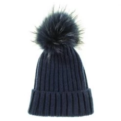 Navy Cashmere And Fur Pom Pom Hat -Elegant Scarf Store navy cashmere fur bobble hat 2 L