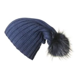 Navy Cashmere And Fur Pom Pom Hat -Elegant Scarf Store navy cashmere fur bobble hat 4 L